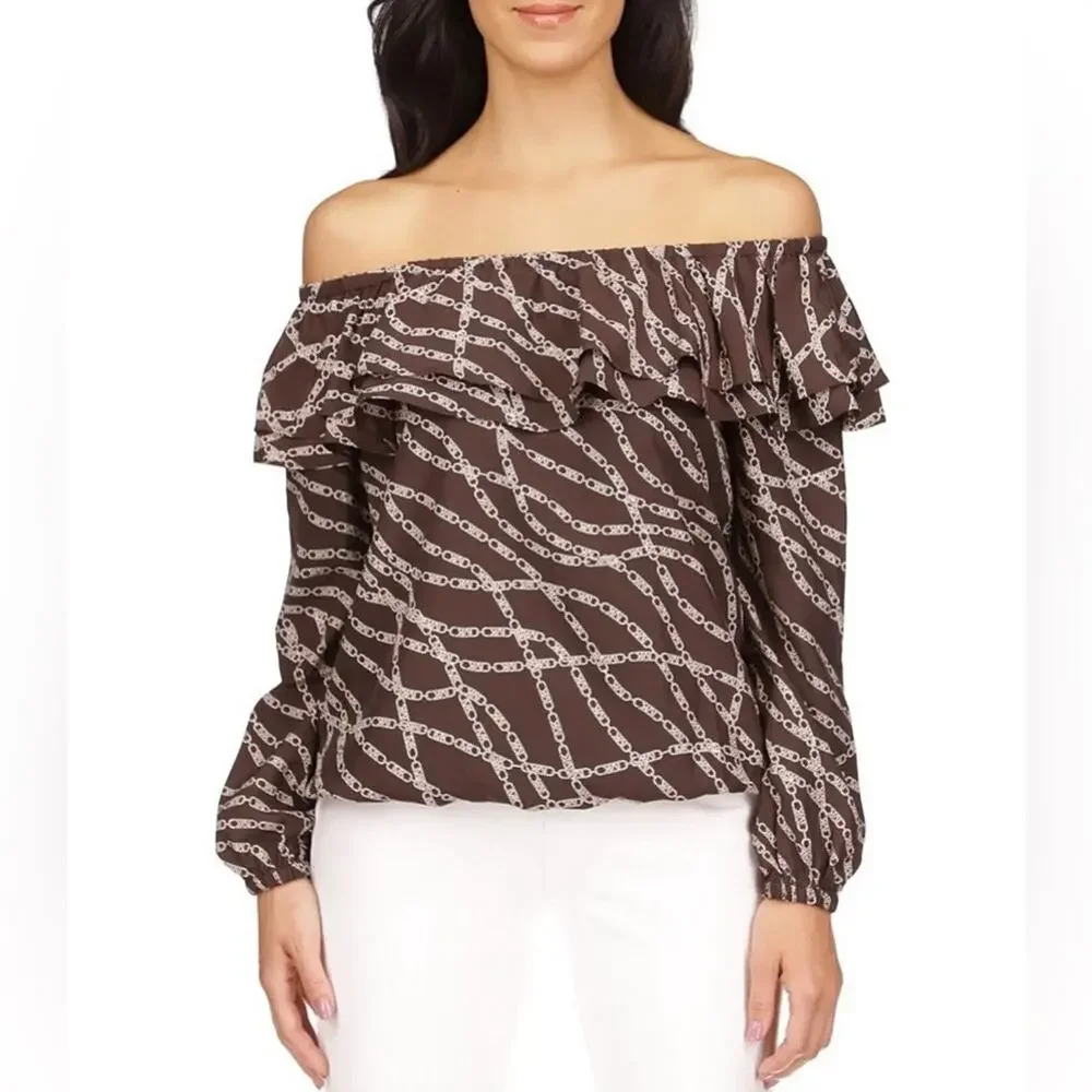 MICHAEL‎ Michael Kors Printed Pebble Crepe Off-the-Shoulder L/S Bias Cut Top M